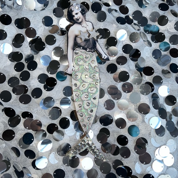 handcrafted wall plaque mixed media mermaid Victorian silver stars - Picture 1 of 6